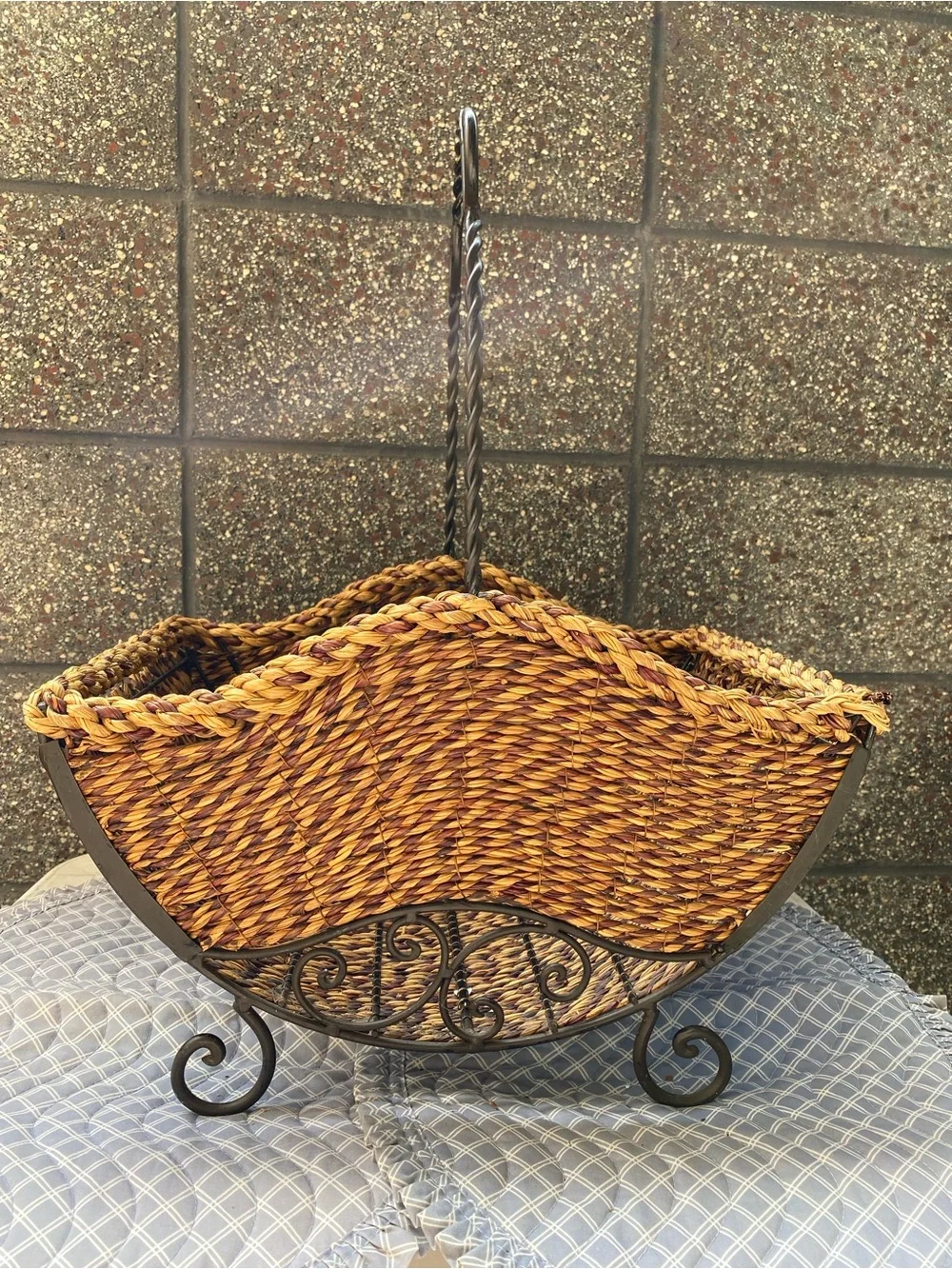 American Vintage Woven Natural Brown Basket with Twisted Iron Handle